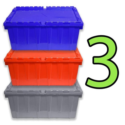Set of 3 Heavy-Duty Plastic Totes w. Attached Lid