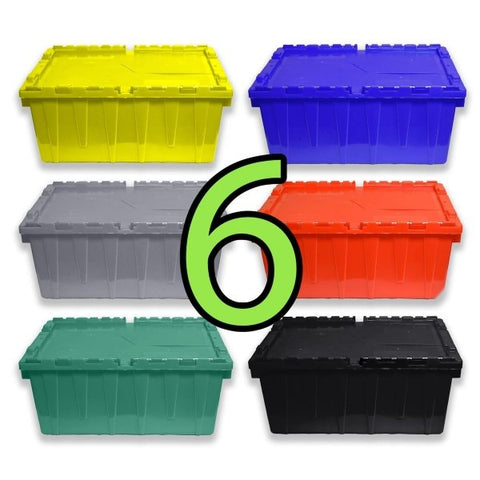 Set of 6 Heavy-Duty Plastic Totes w. Attached Lid
